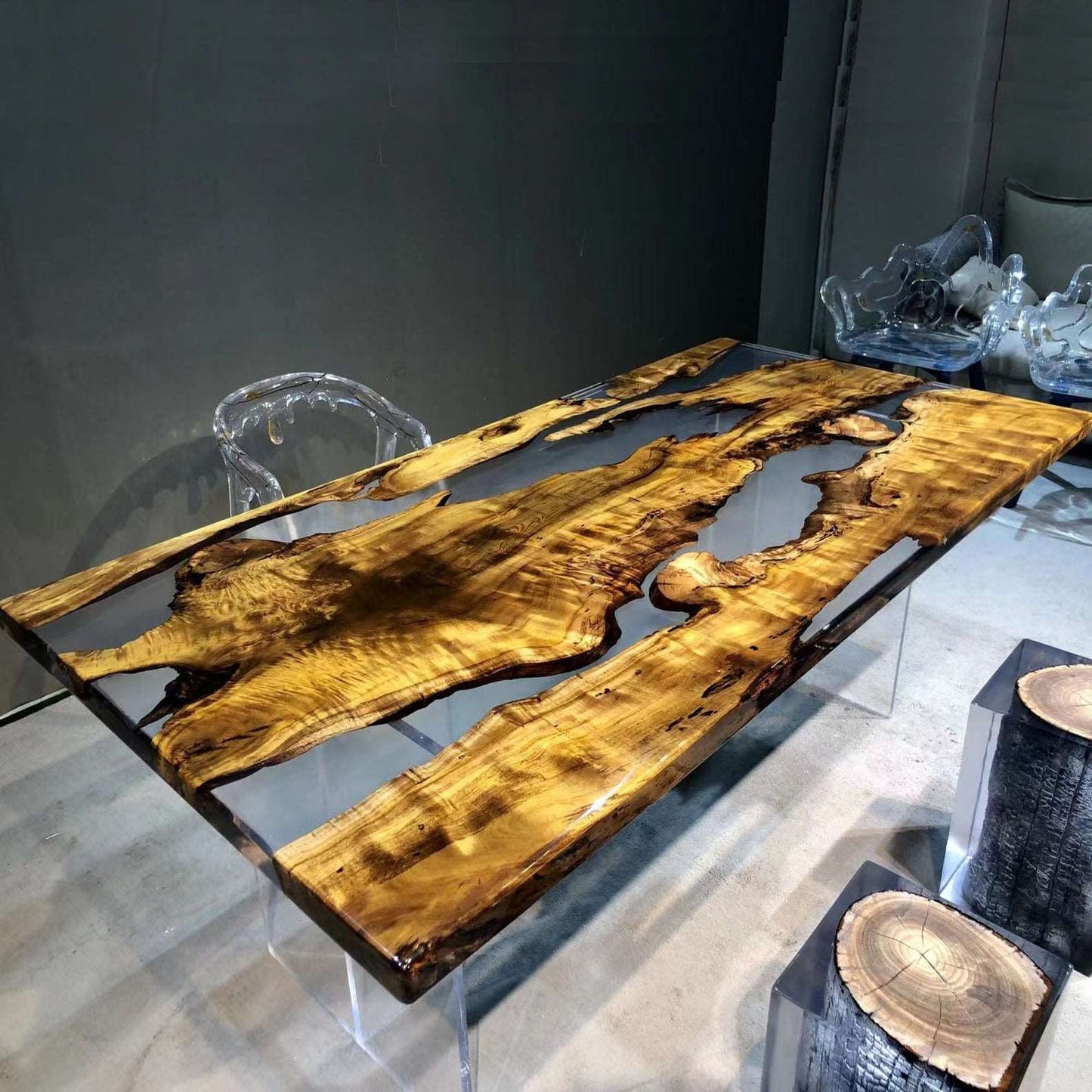 Gold lux effect natural wood stylish clear epoxy river table dining table free shipping - MOOKAFURNITURE