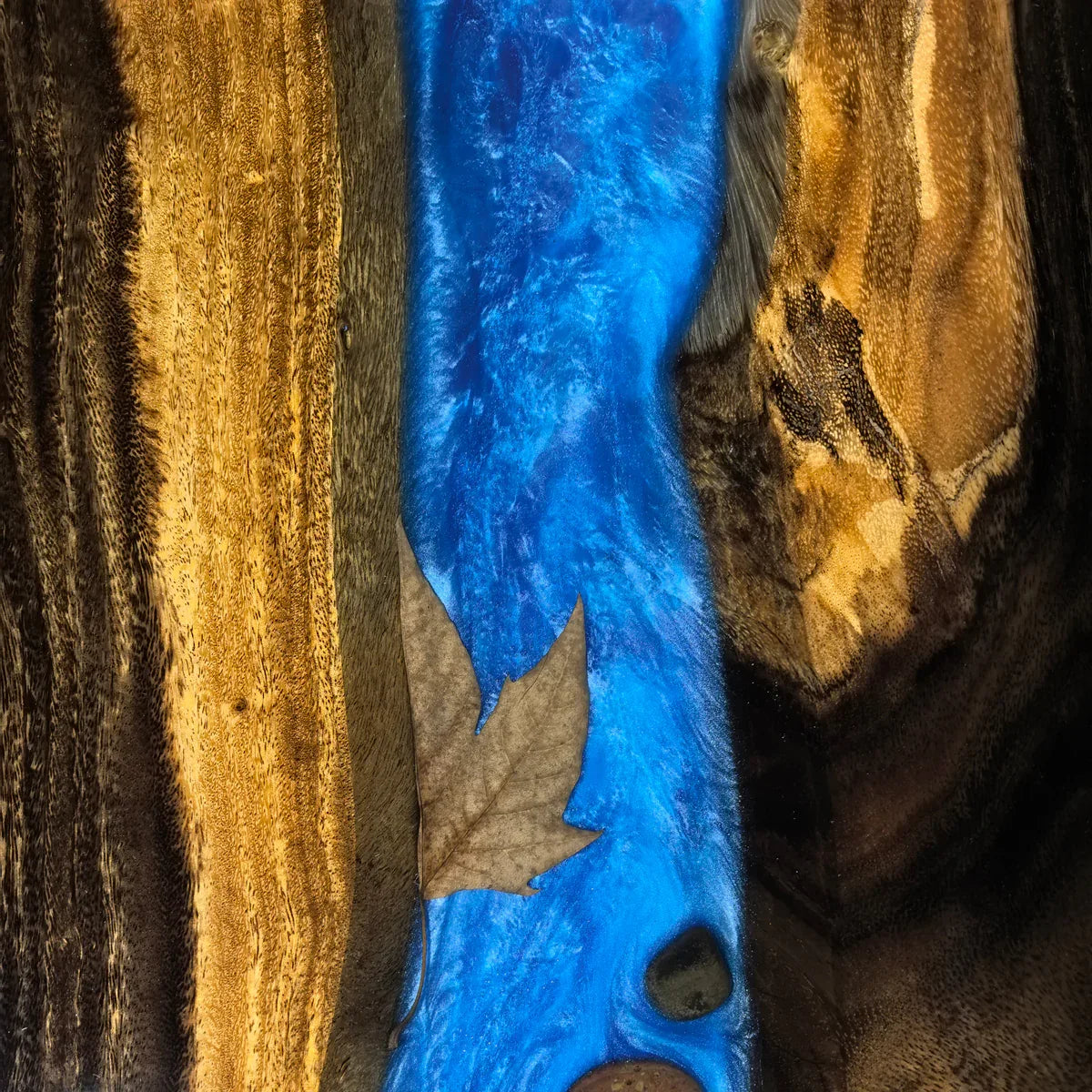 Stylish wood bench with blue resin river natural pebbles rocks leaf handmade bench - MOOKA FURNITURE