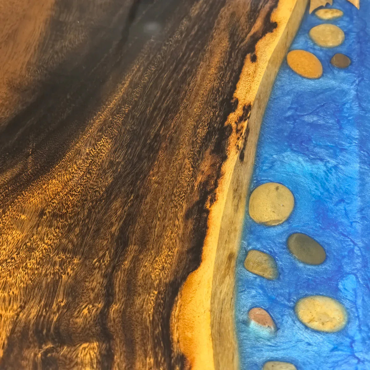 Stylish wood bench with blue resin river natural pebbles rocks leaf handmade bench - MOOKA FURNITURE