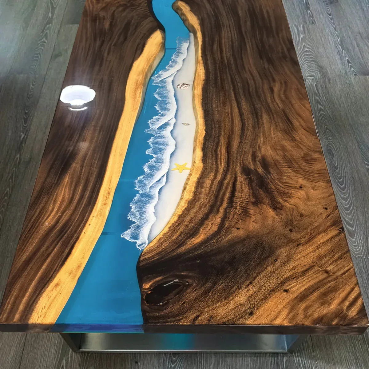 Live edge orgainic wood resin river table ocean themed dining