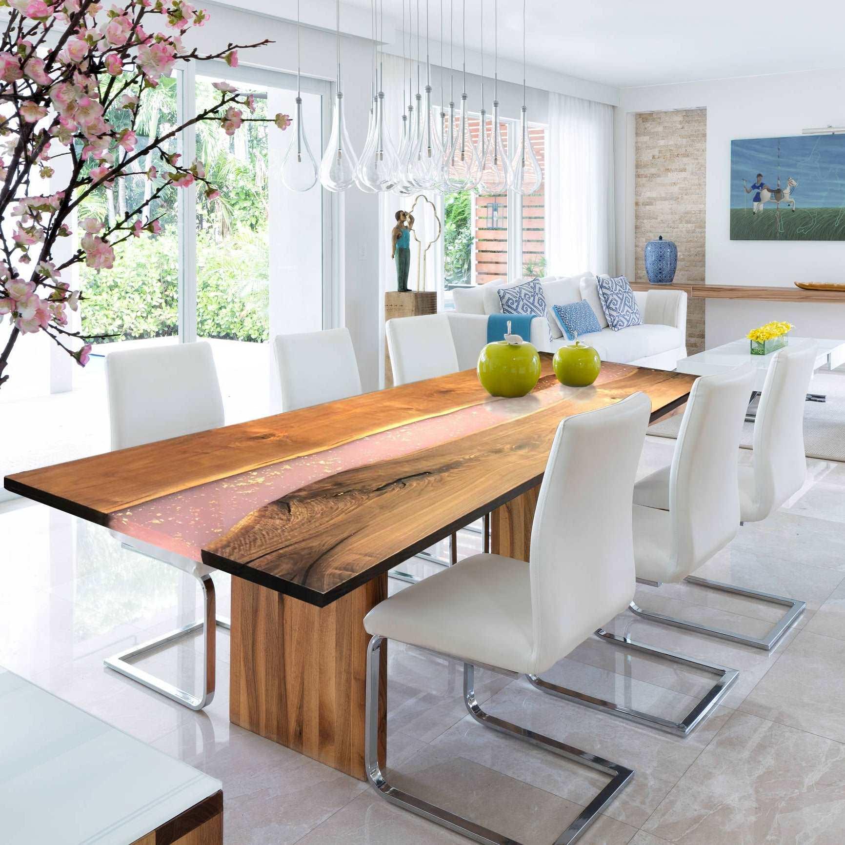 Customized black walnut live edge dining table w/ pink epoxy resin and