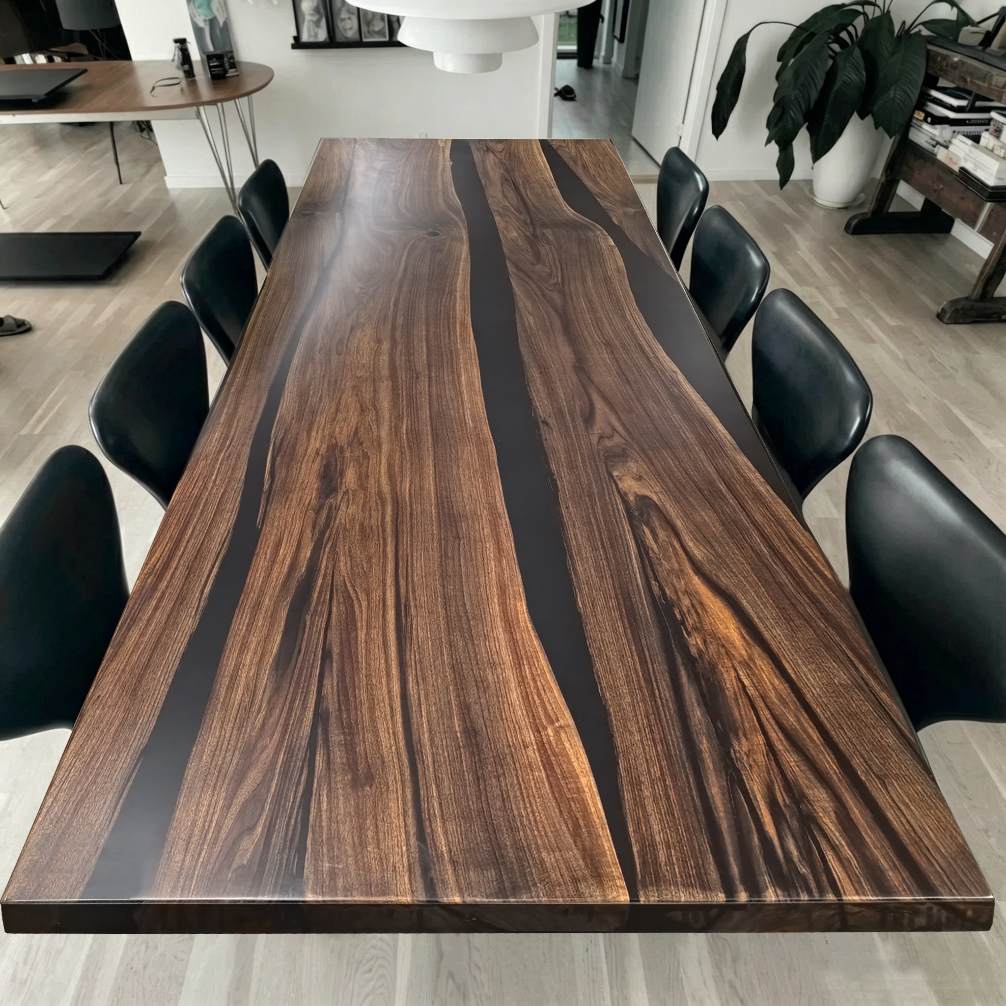 Luxury elegant black walnut slab with black epoxy dining table for 10 people