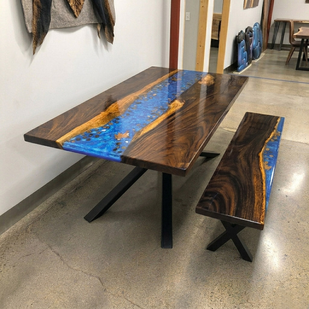 Stylish dining table with bench blue resin river natural pebbles rocks leaf handmade table and bench for 6 people