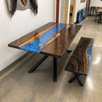 Stylish dining table with bench blue resin river natural pebbles rocks leaf handmade table and bench for 6 people