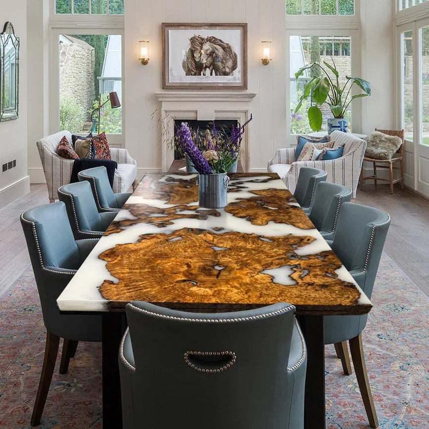 Luxury handmade wood burl white epoxy dining table for 6-8 people - MOOKA FURNITURE