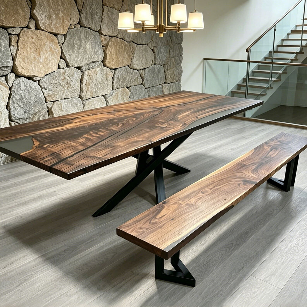Custom made single piece black walnut slab dining table set with bench and bases