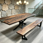 Custom made single piece black walnut slab dining table set with bench and bases