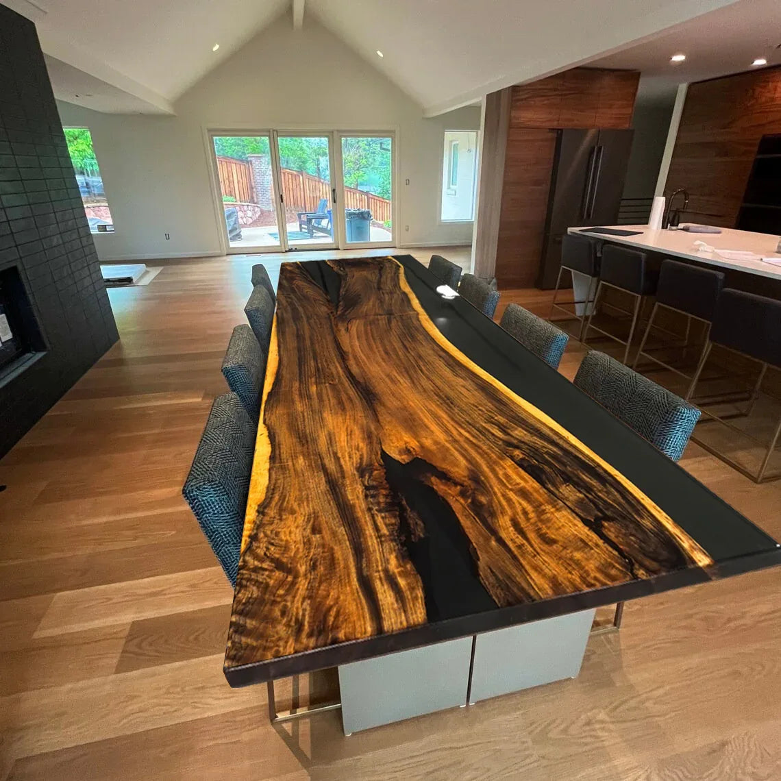 Luxury unique One piece organic wood with clear grey epoxy dining table for 10 people - MOOKA FURNITURE