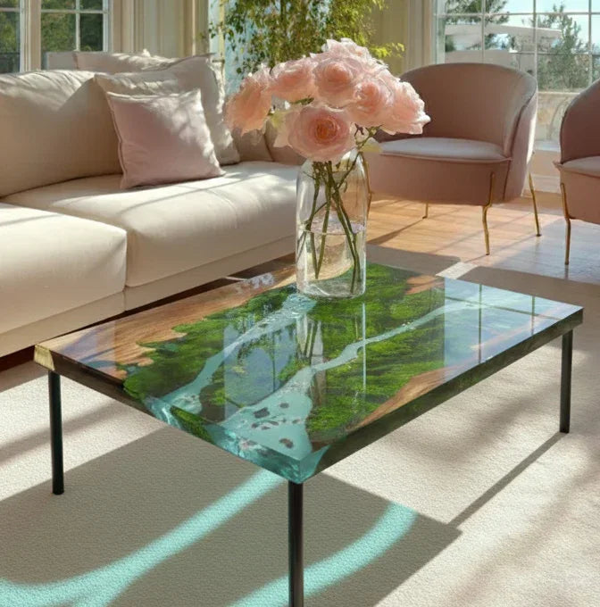 Grand Rapids Valleyscape deep turquoise epoxy river table unique handmade wood coffe table - MOOKA FURNITURE