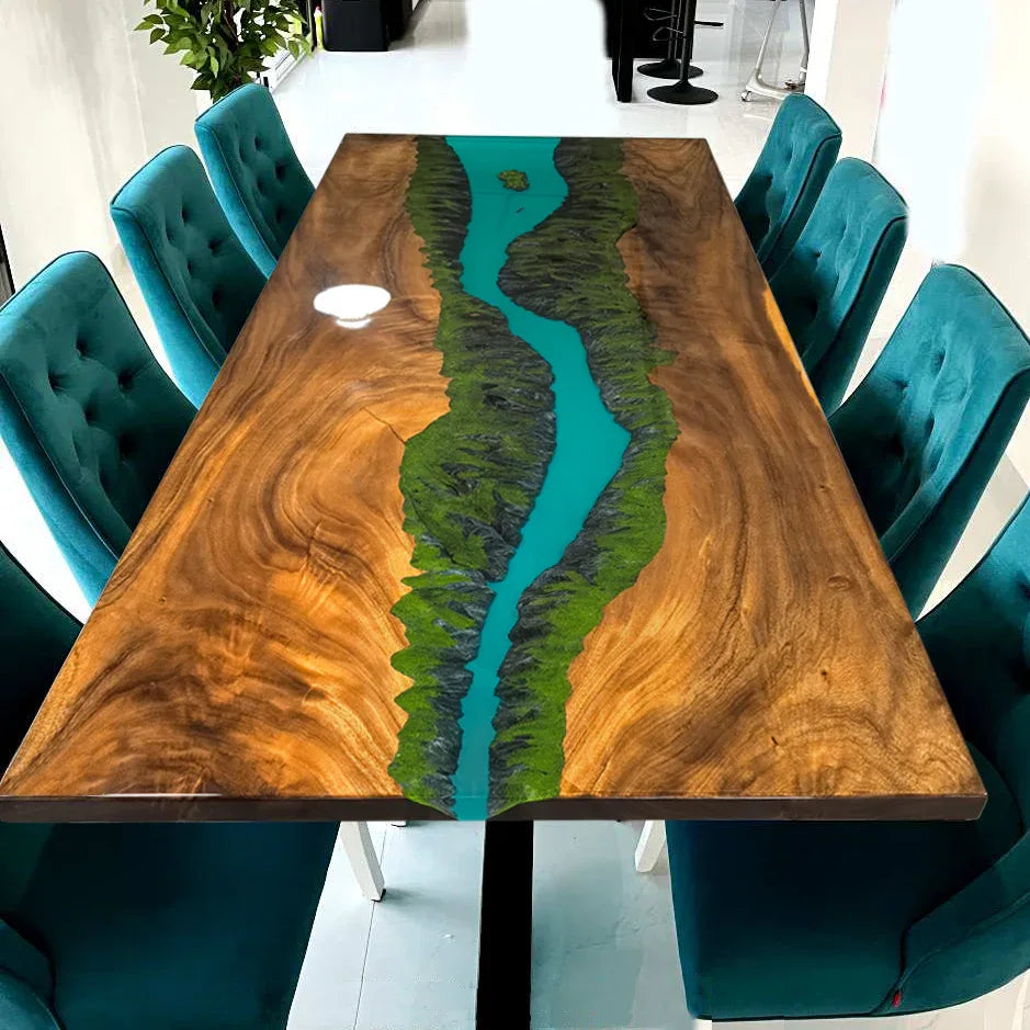 Grand Rapids Valleyscape deep turquoise epoxy river table unique handmade wood dining table for 8-10 people - MOOKA FURNITURE
