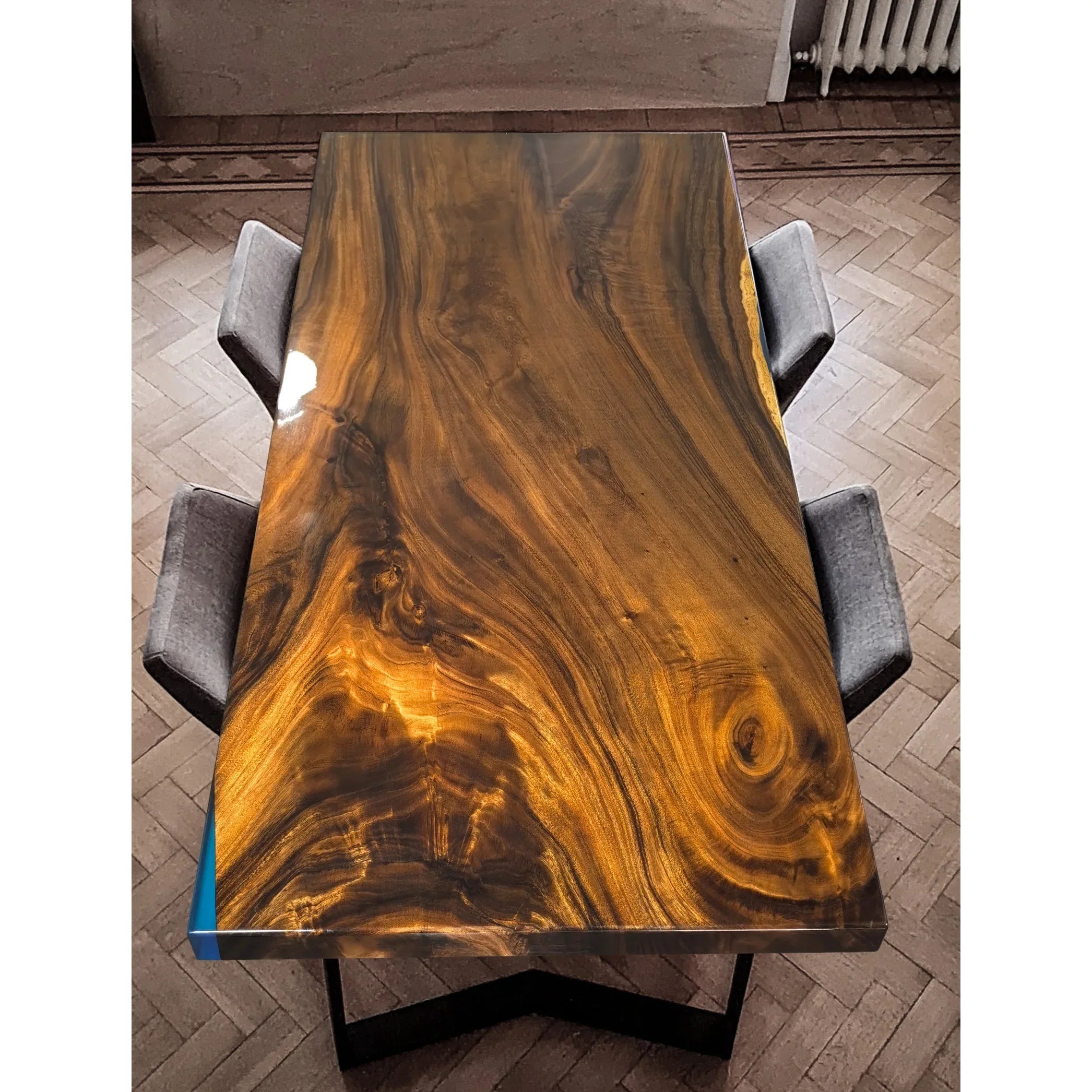 Single natural wood slab with blue epoxy dining table for 6-8 people - MOOKA FURNITURE