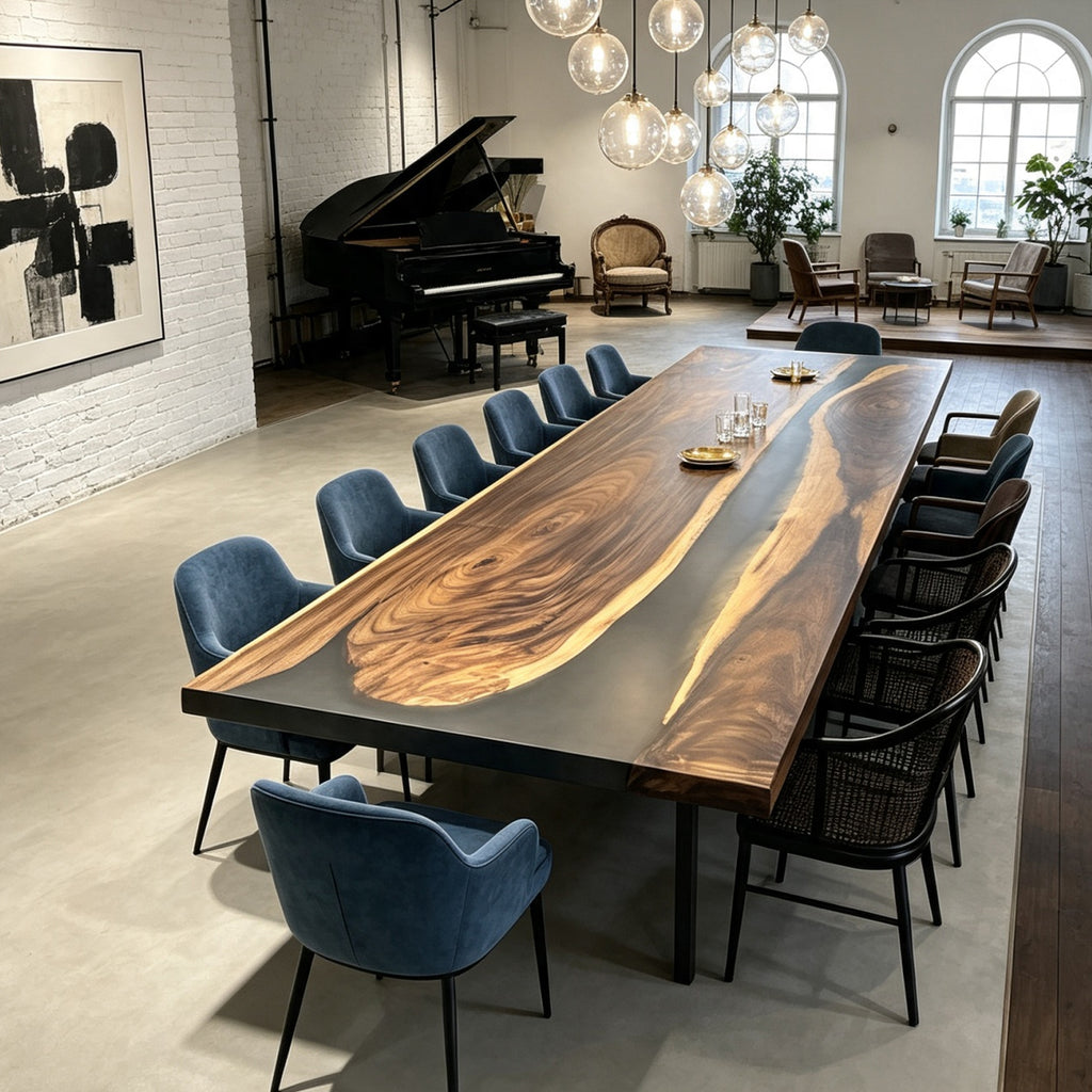 Luxury Craftsmanship big natural wood with grey resin river dining table  12-14