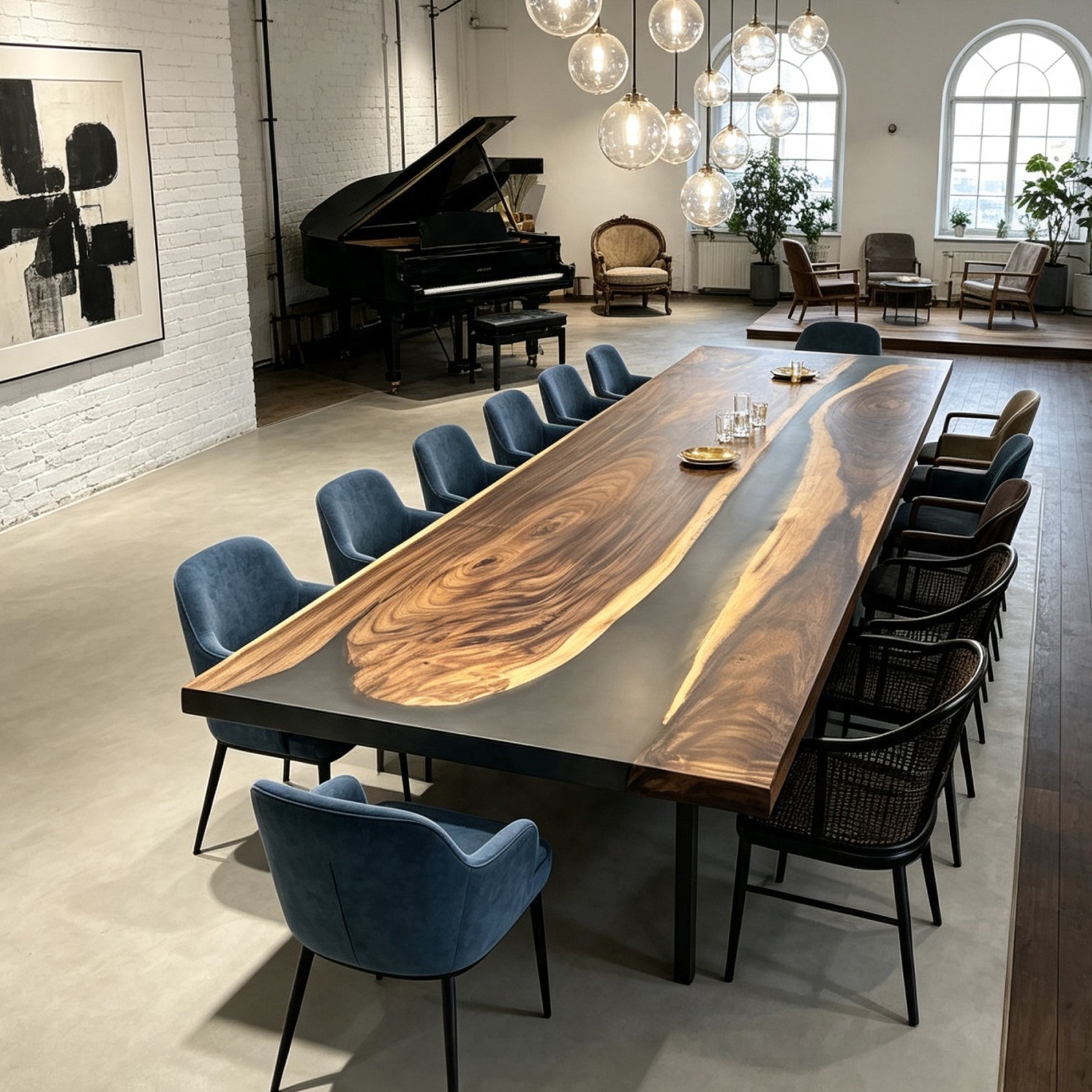 Luxury Craftsmanship big natural wood with grey resin river dining table  12-14