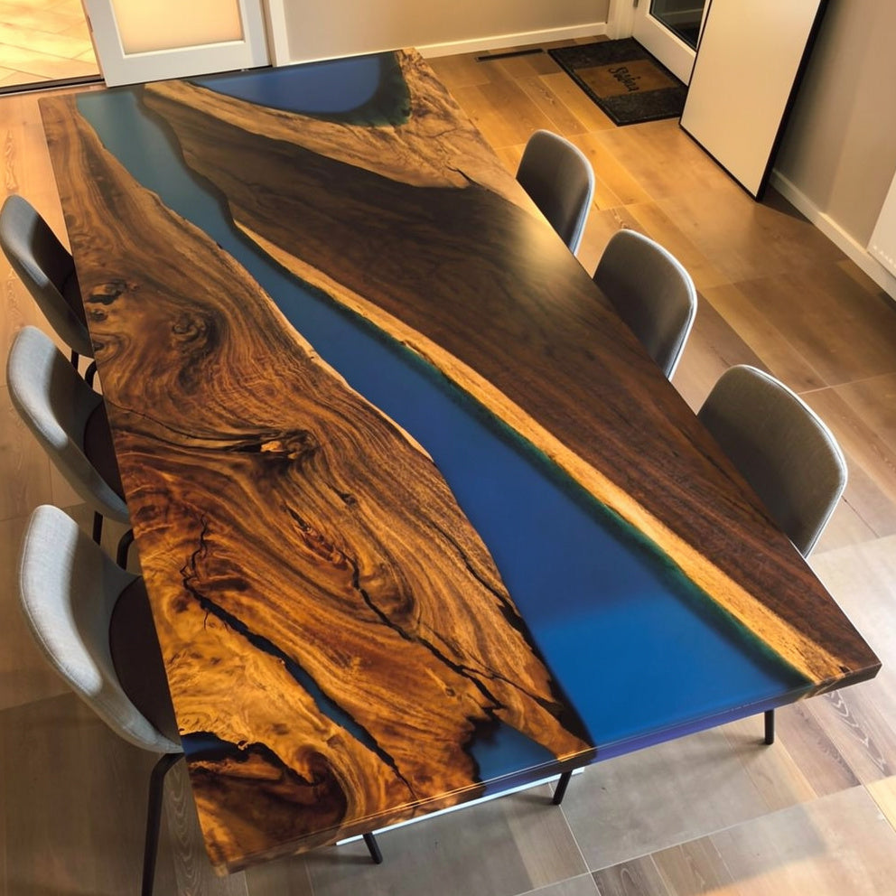 Custom made blue epoxy river solid natural wood dining table for 8 seats