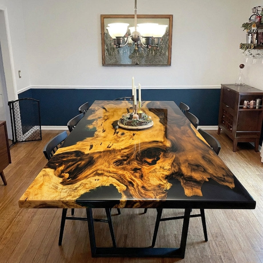 Custom made one piece wood dining table with deep blue epoxy exotic wood table for 8 10 people