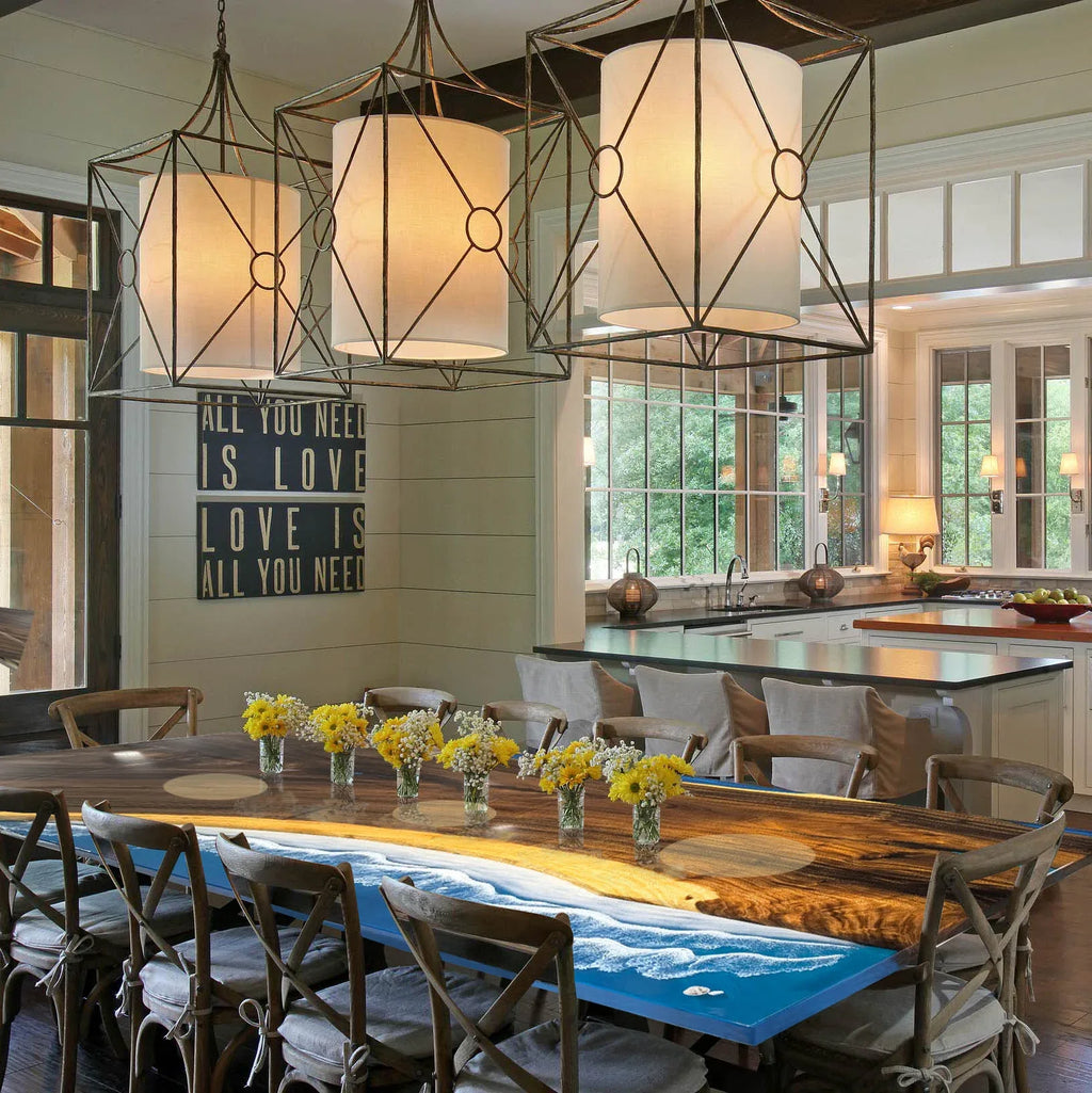 Natural wood dining table with blue epoxy ocean beach wave scene table for 10-12 people - MOOKA FURNITURE