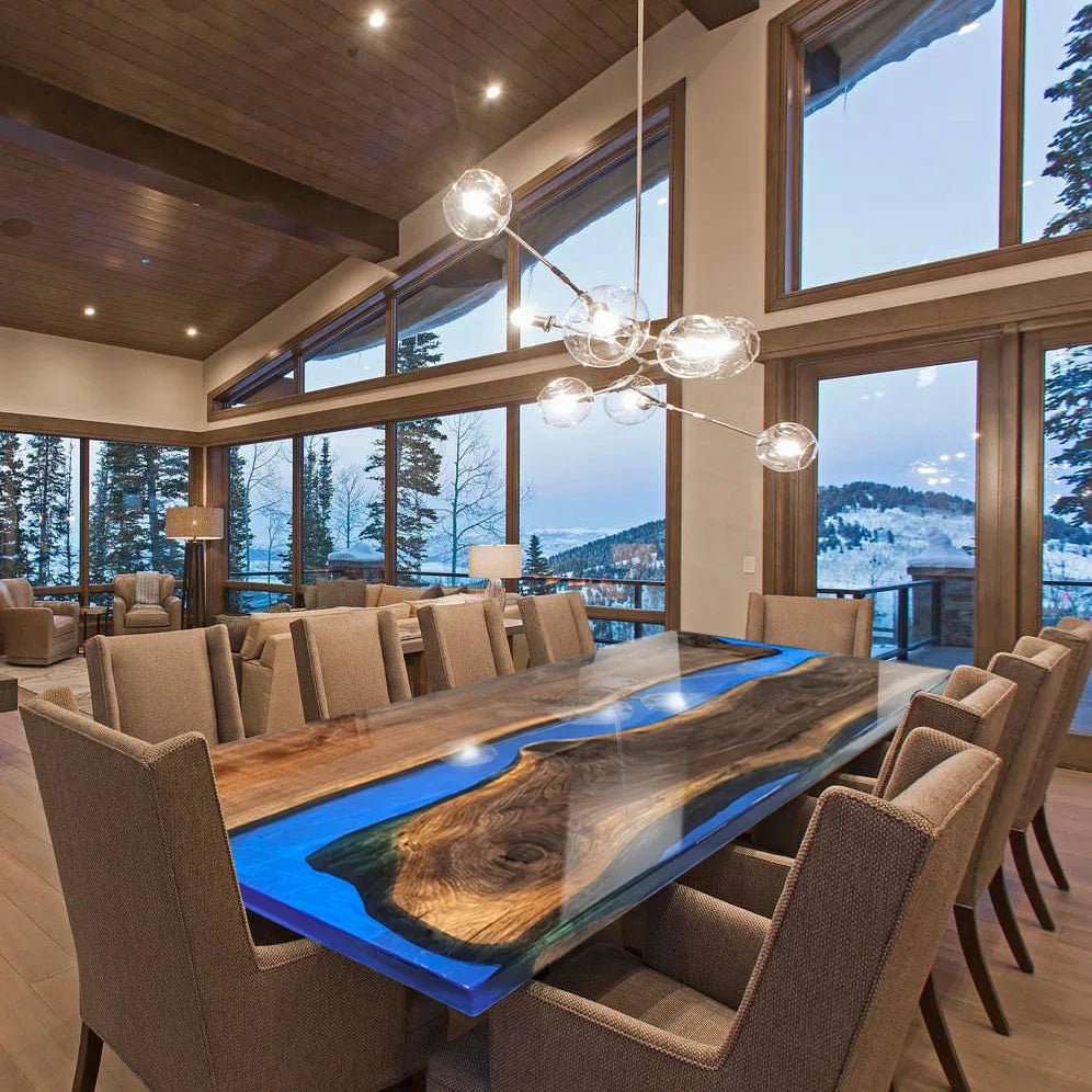 Live edge black walnut dining table blue river table for 10-12 people - MOOKA FURNITURE