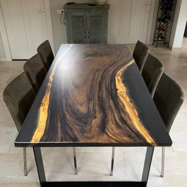 One piece natural wood with frosted grey epoxy river table dining table for 6-8 people - MOOKA FURNITURE