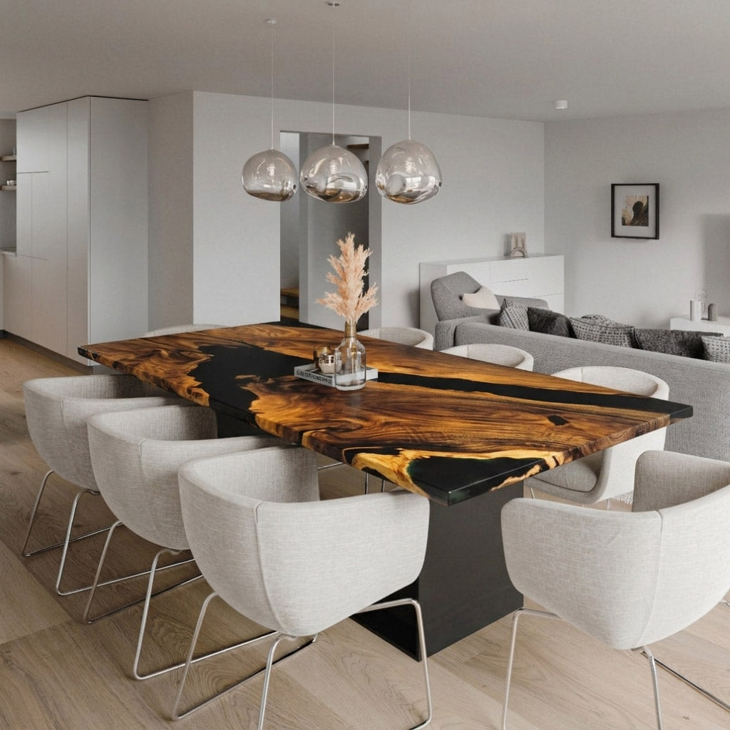 Deep blue epoxy luxury unique exotica wood dining table for 8 people
