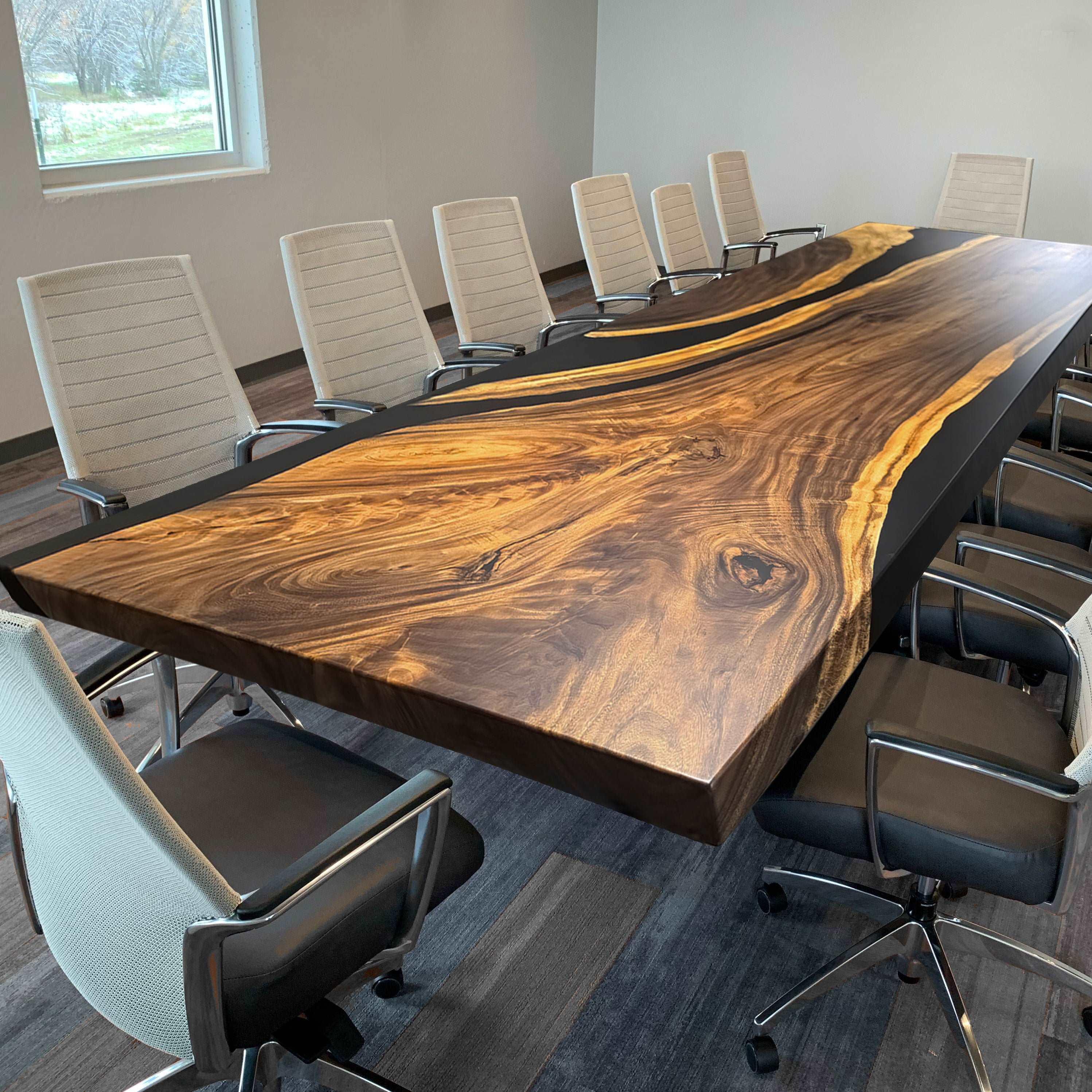 Massive table in 12 ft for 14 person solid wood river epoxy conference table custom made - MOOKA FURNITURE