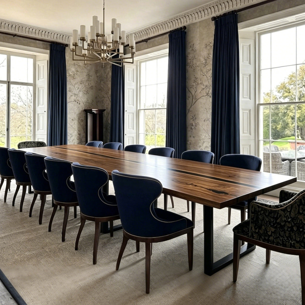 Dining table 144 inch long large size for 14 person solid wood walnut book-match river table 12ft