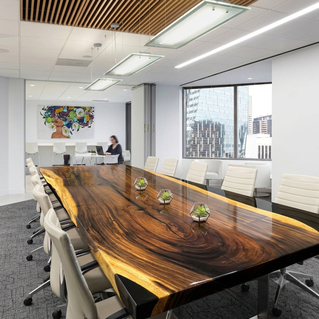 12ft one piece single solid wood table  Black epoxy glossy conference table for 12 seats