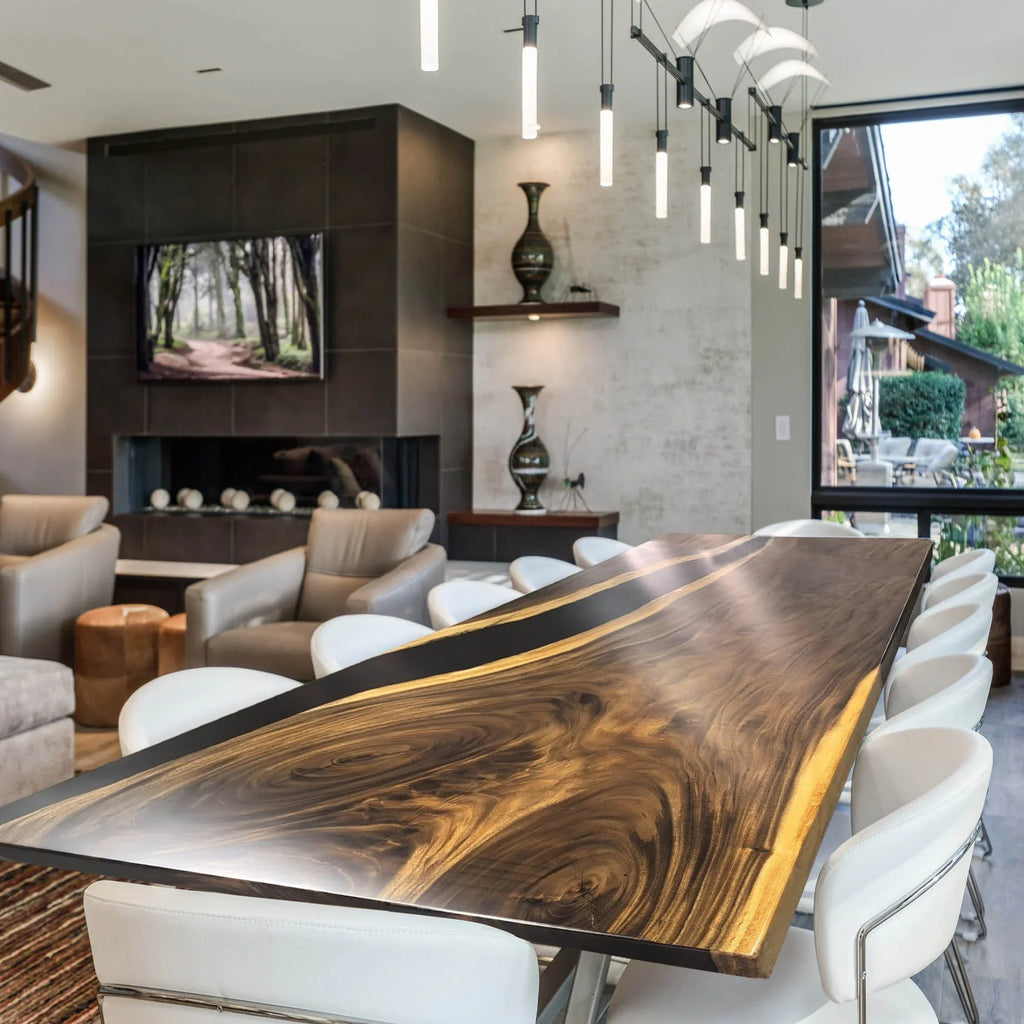 120 inch black resin river in middle wood dining table for 10-12 people - MOOKA FURNITURE