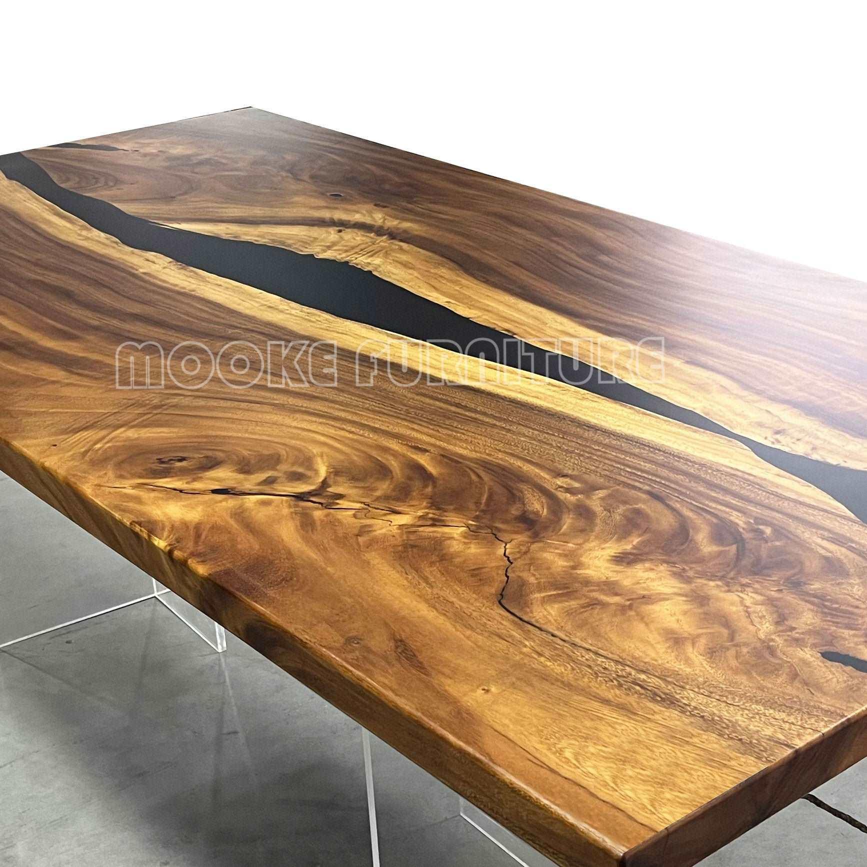 Graceful natural wood dining table with black epoxy gentle river table for 8 - MOOKA FURNITURE