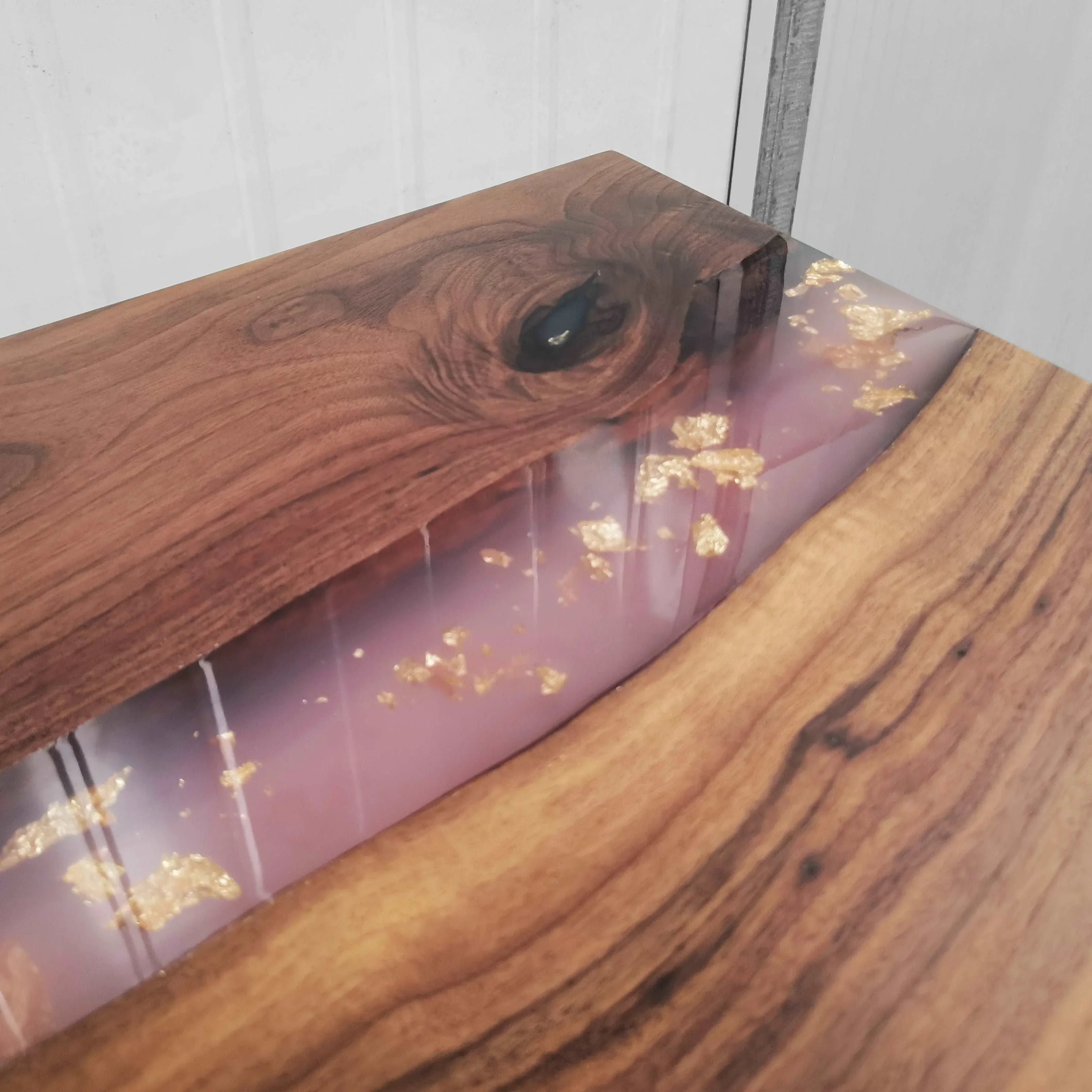 Customized black walnut live edge dining table w/ pink epoxy resin and gold foil leaf free shipping - MOOKA FURNITURE