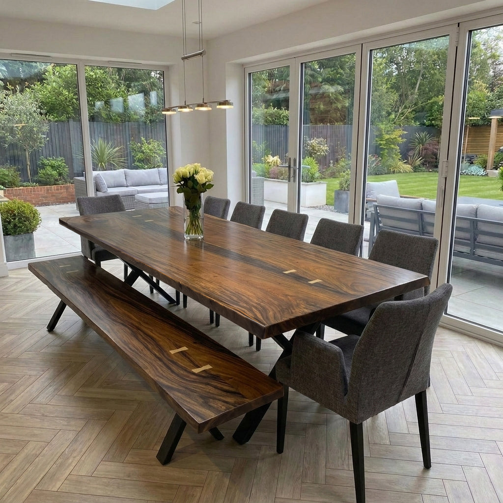 120 inch solid natural wood dining table with bench for 10-12 people