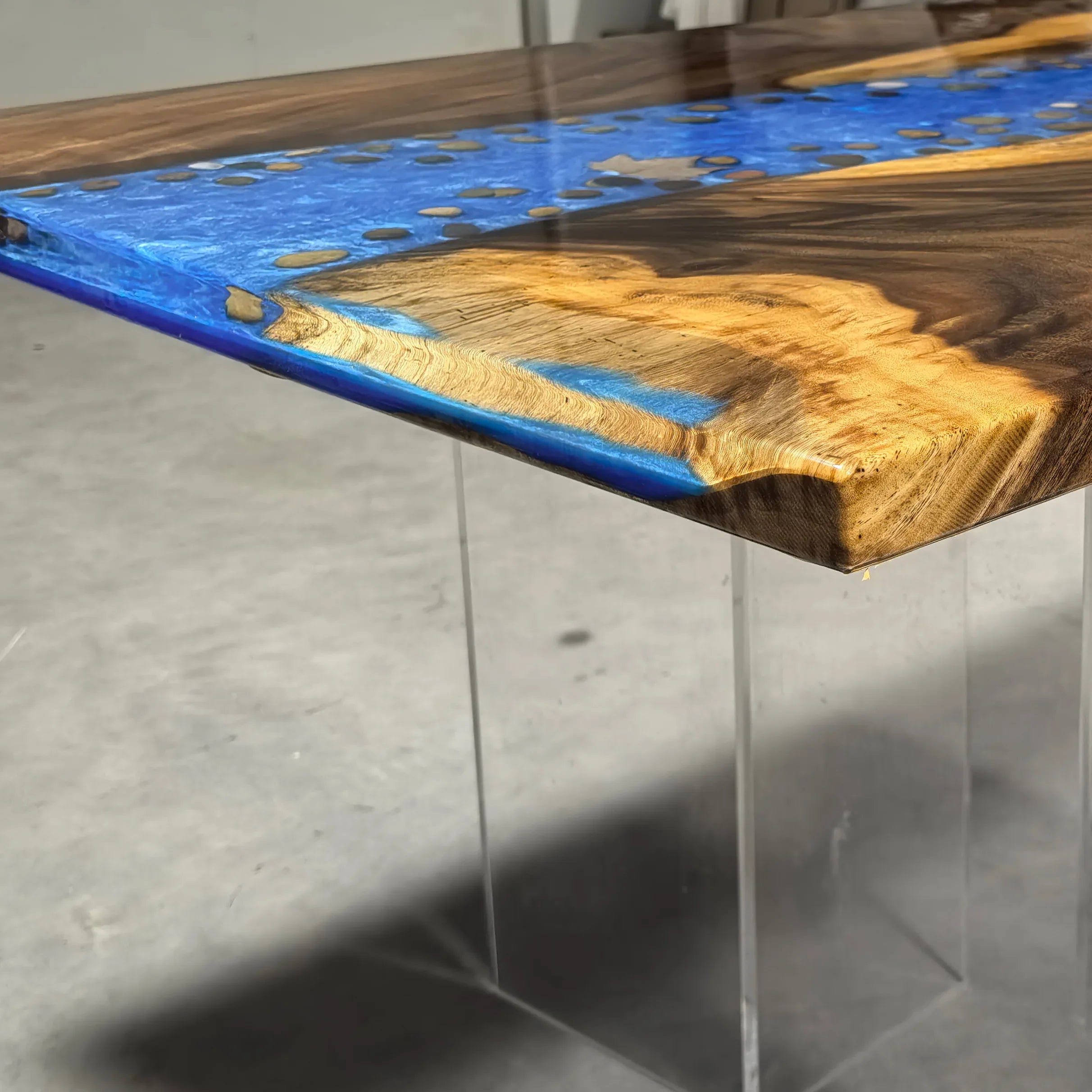 Stylish dining table with blue resin river natural pebbles rocks leaf handmade table for 6-8 people - MOOKA FURNITURE