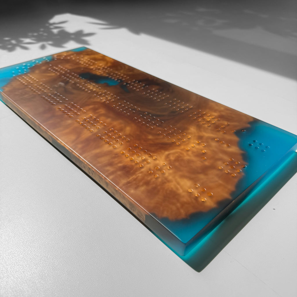 Unique Custom Handmade Luxury burl wood epoxy Cribbage Board