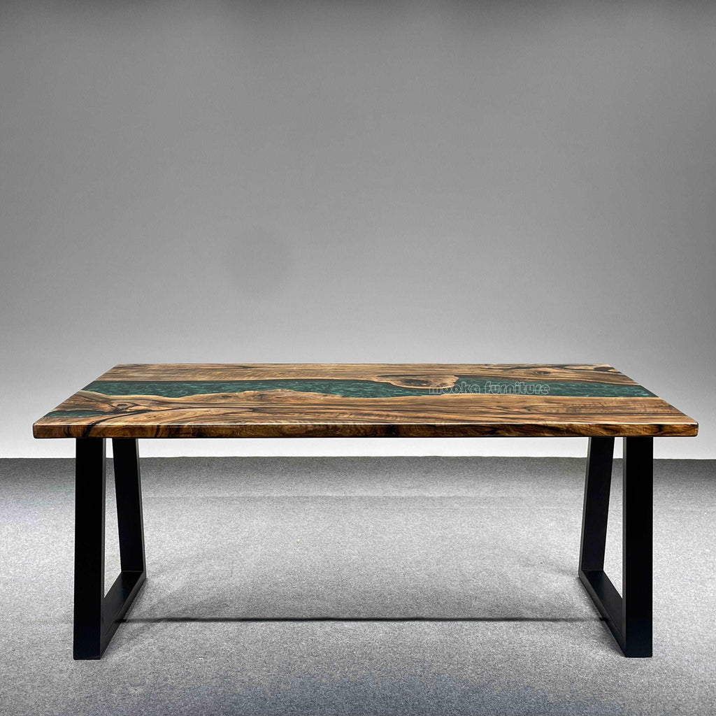 Custom made Europ walnut with forest green epoxy river table dining table breakfast nook table for 4/6/8/10 people - MOOKA FURNITURE