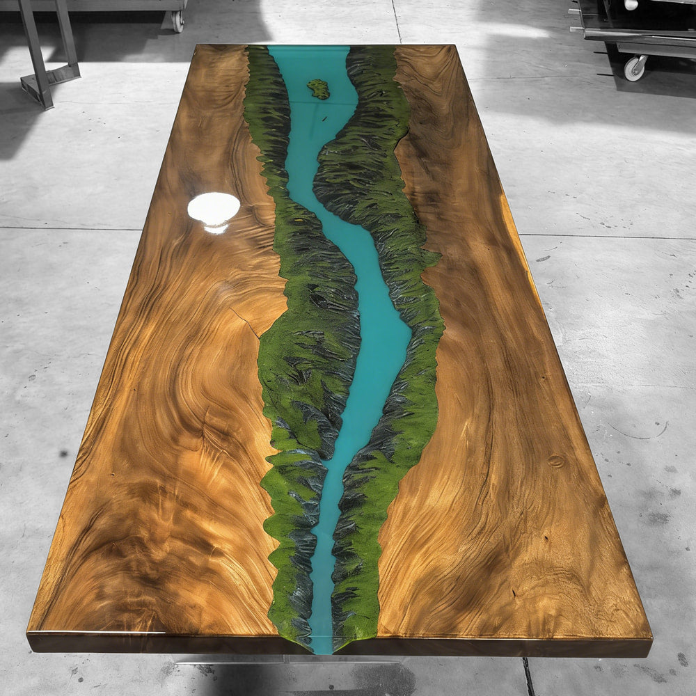 Grand Rapids Valleyscape deep turquoise epoxy river table unique handmade wood dining table for 8-10 people