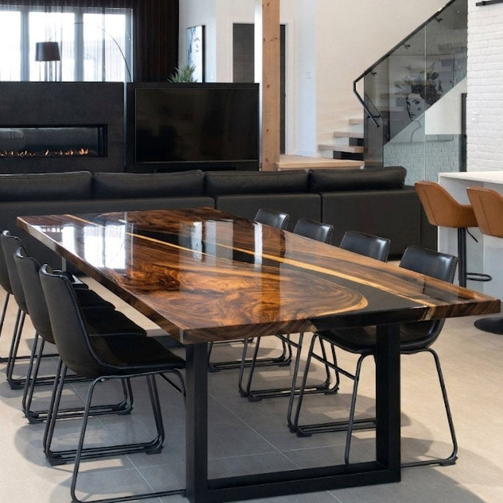 Custom made black epoxy river solid natural wood dining table for 8 seats