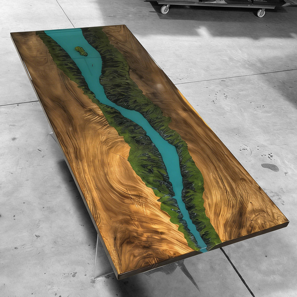 Grand Rapids Valleyscape deep turquoise epoxy river table unique handmade wood dining table for 8-10 people