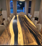 Big fancy natural wood with black resin dining table with family for Sabbath 12-14 seats