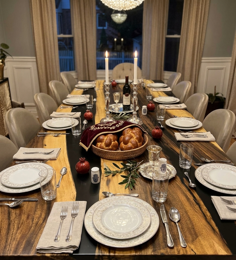 Big fancy natural wood with black resin dining table with family for Sabbath 12-14 seats
