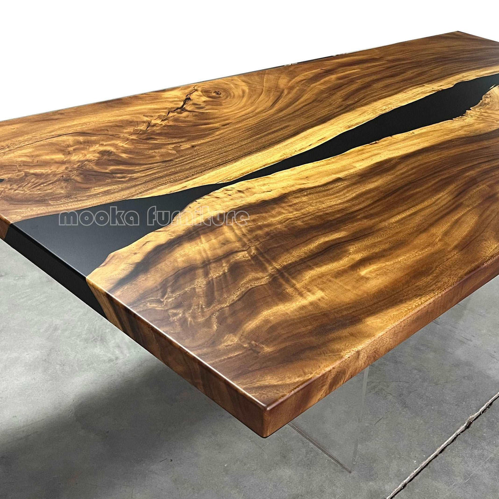 Graceful natural wood dining table with black epoxy gentle river table for 8 - MOOKA FURNITURE