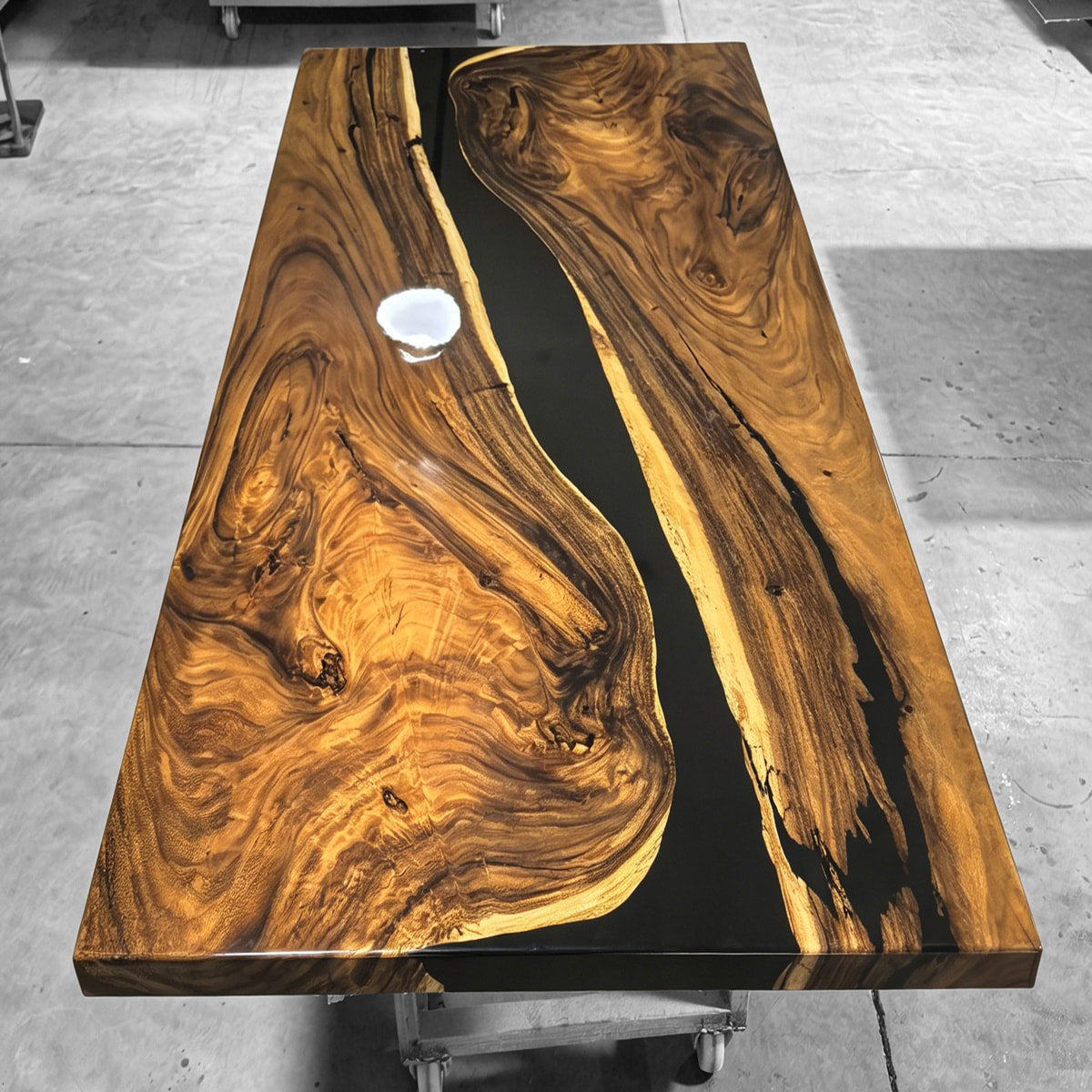 Custom made black epoxy river solid natural wood dining table for 8 seats