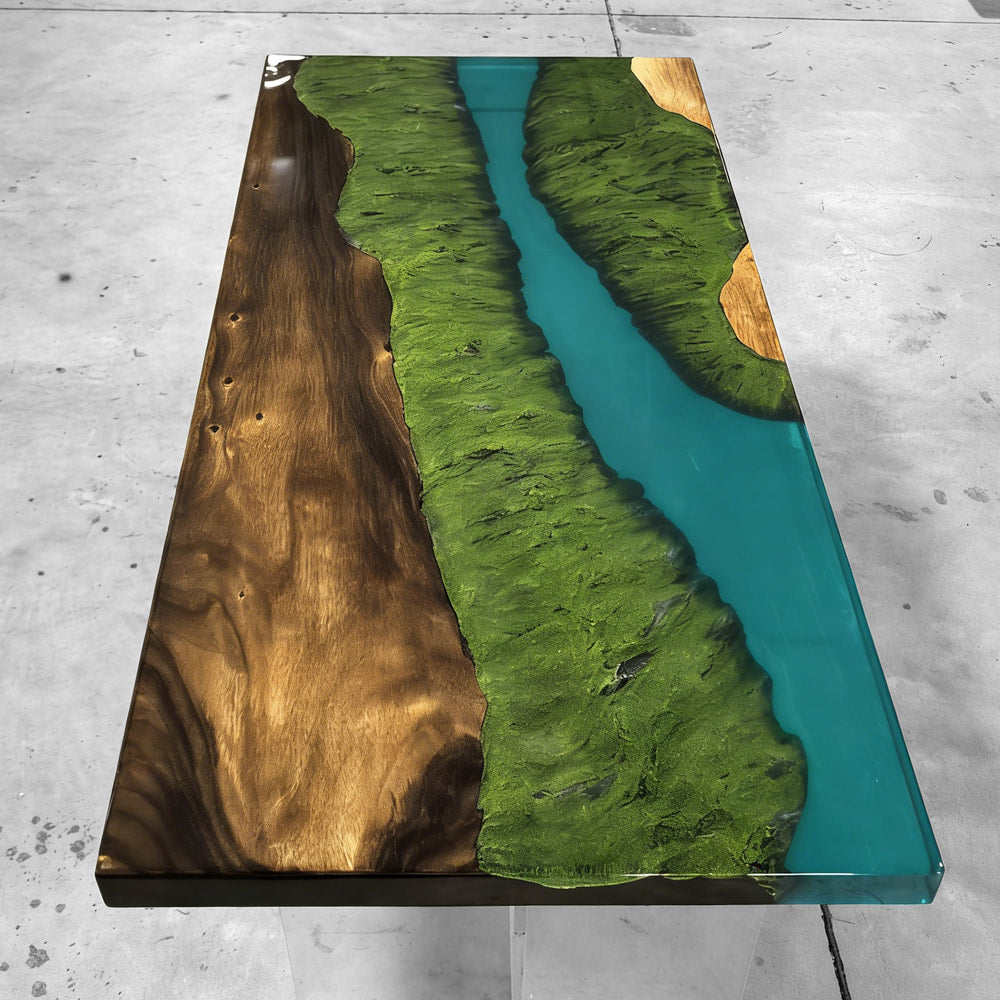 Grand Rapids Valleyscape deep turquoise epoxy river table unique handmade wood dining table for 4-6 people