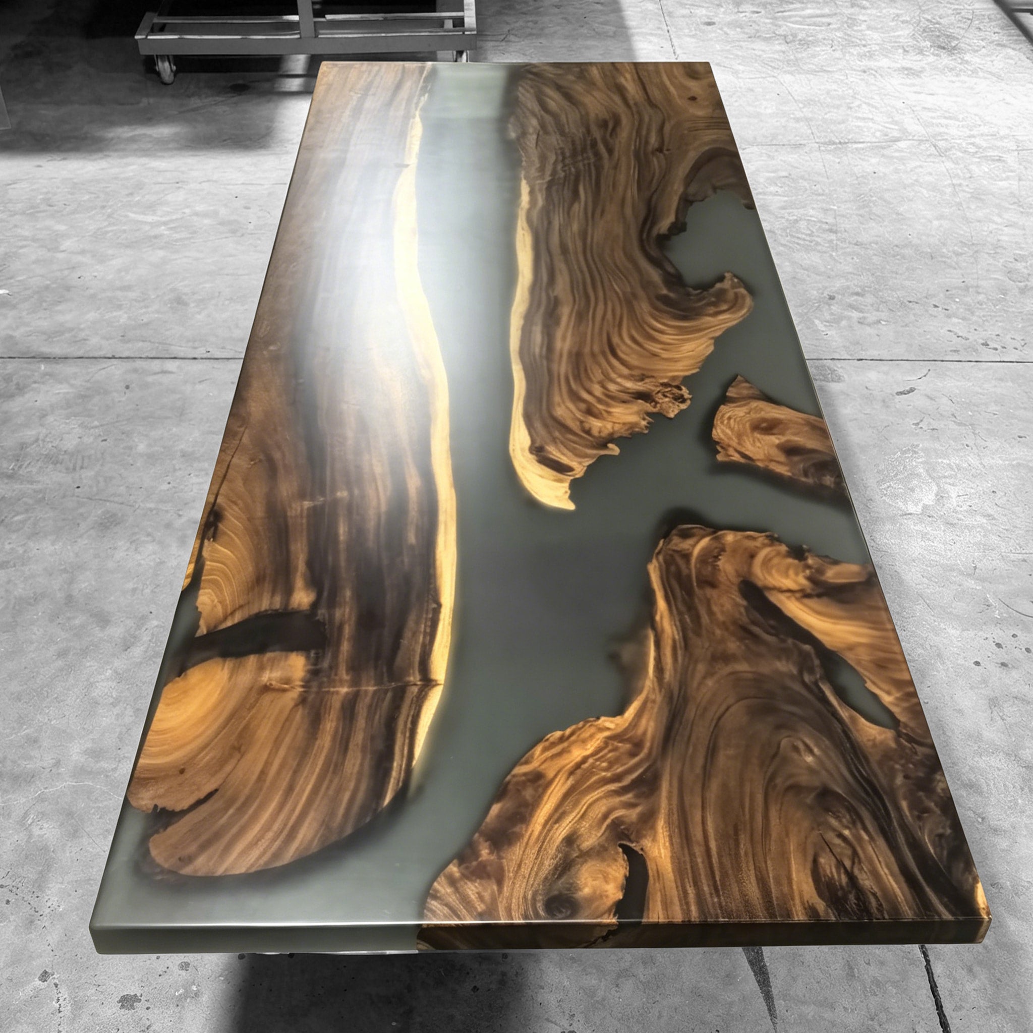 Exquisite exotic wood with grey epoxy  dining table with bench