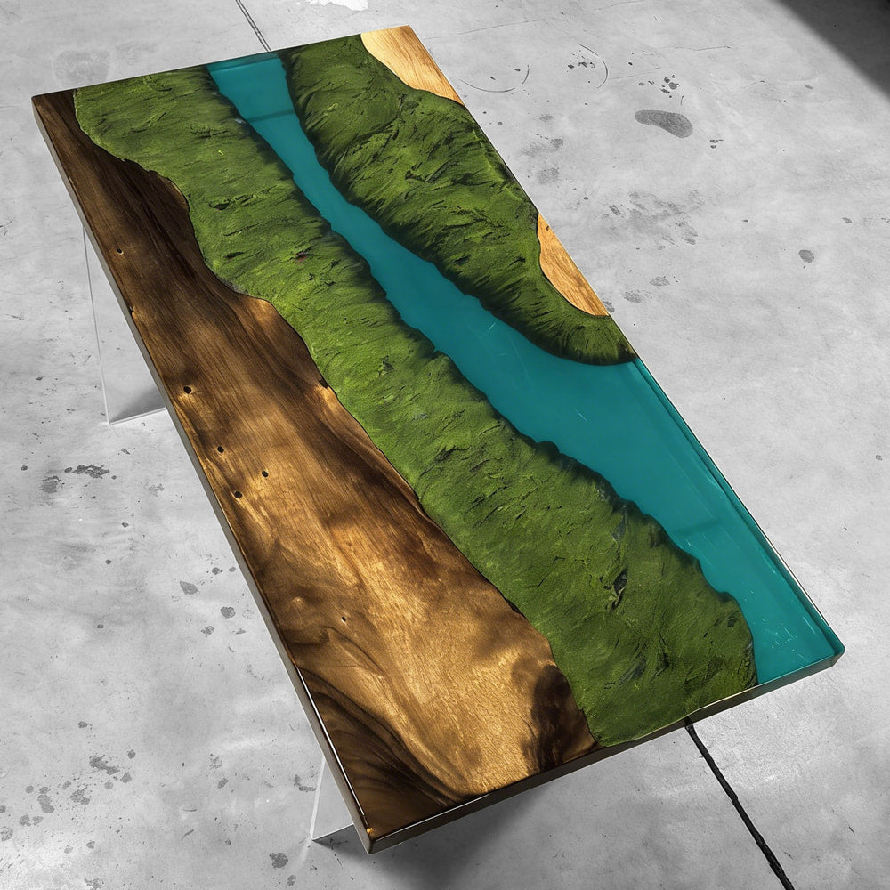 Grand Rapids Valleyscape deep turquoise epoxy river table unique handmade wood dining table for 4-6 people
