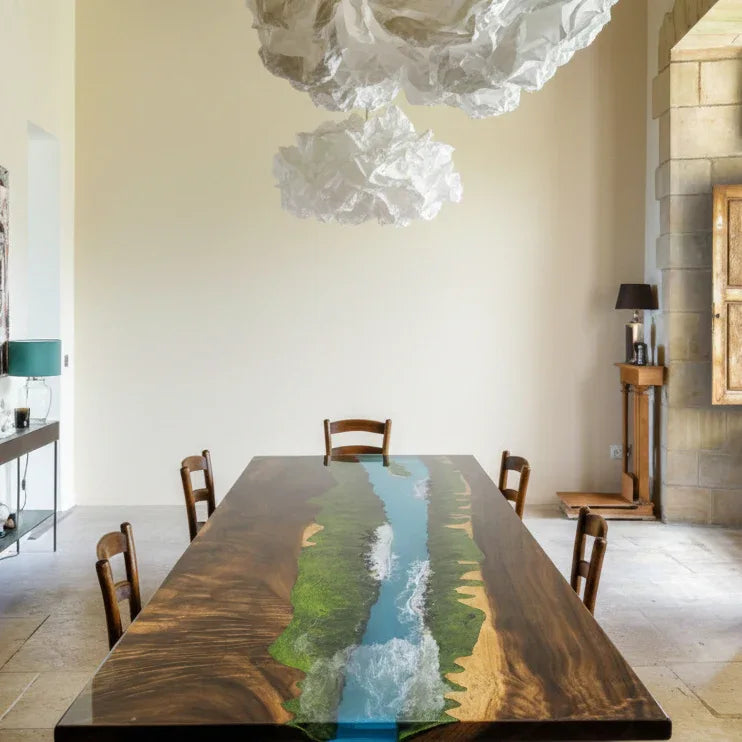 Grand Rapids Valleyscape deep turquoise epoxy river table unique handmade wood dining table for 6-8 people - MOOKA FURNITURE