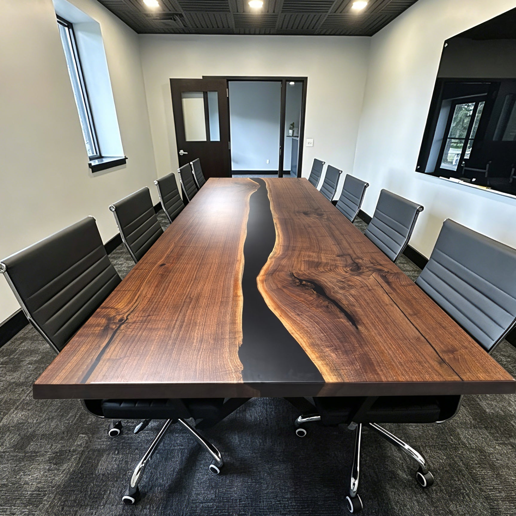 Handcrafted natural wood black walnut live edge conference table 12ft for 12 seaters