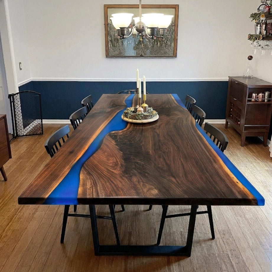 Luxury exotic black walnut slab with blue epoxy dining table for 8-10 people