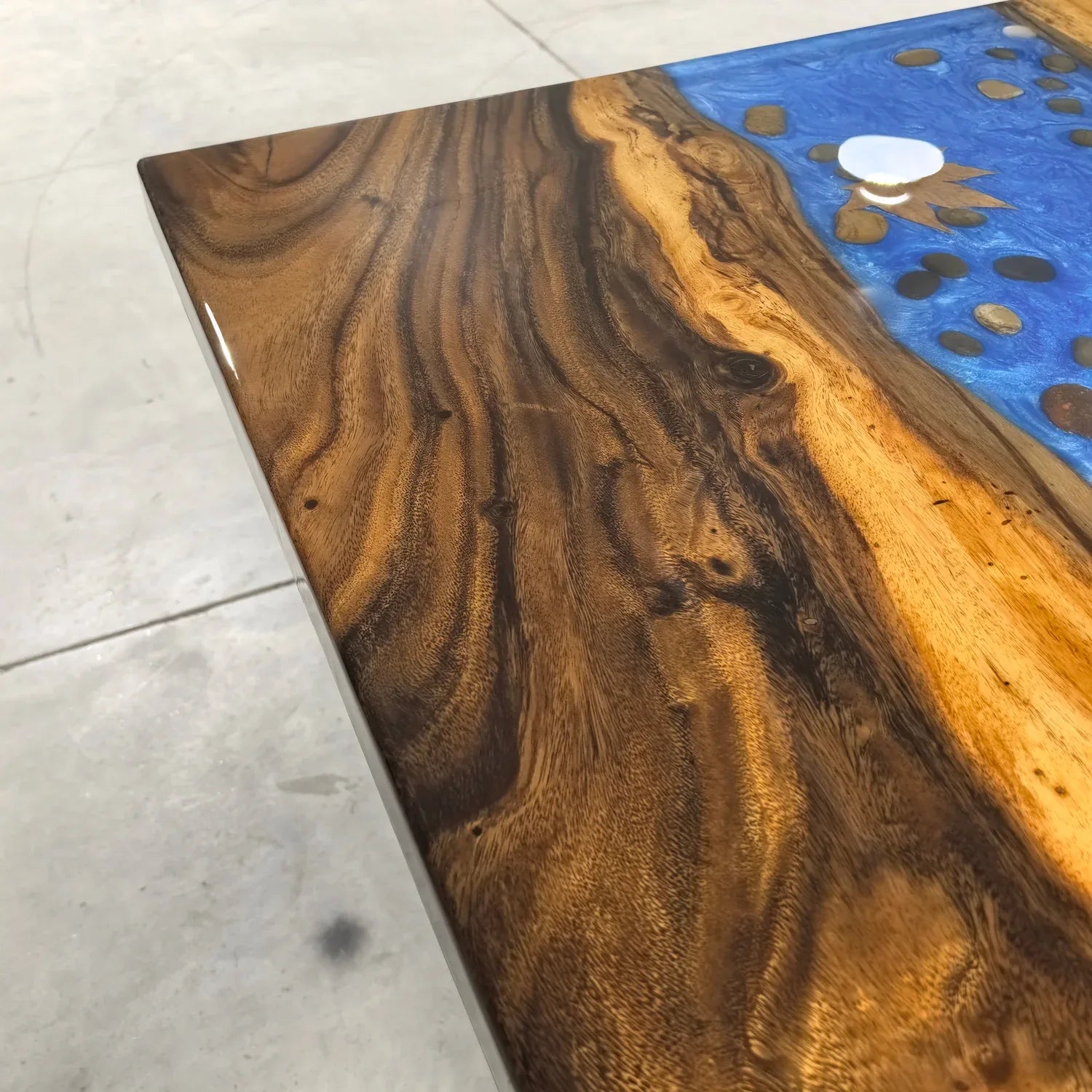 Stylish dining table with blue resin river natural pebbles rocks leaf handmade table for 6-8 people - MOOKA FURNITURE