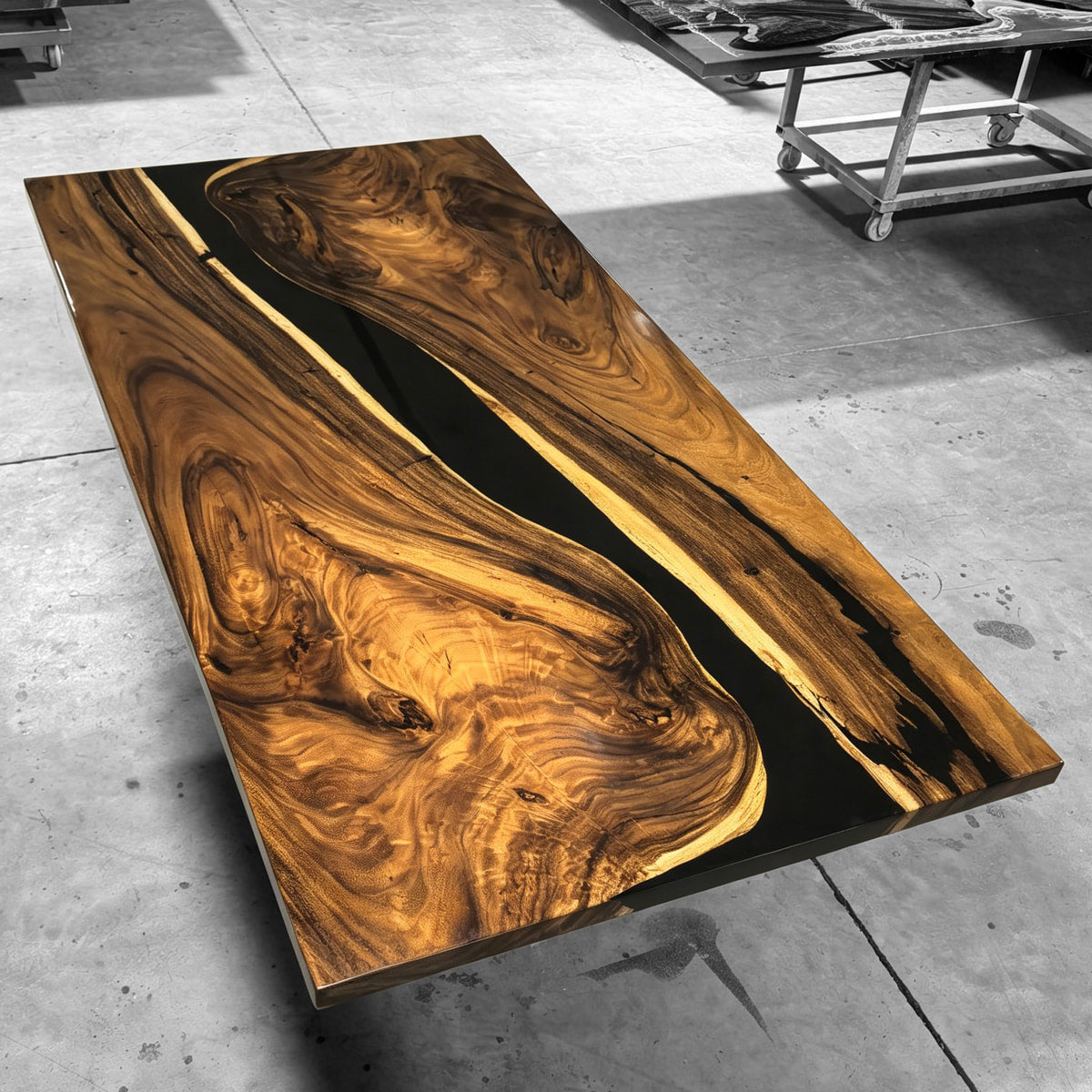 Custom made black epoxy river solid natural wood dining table for 8 seats