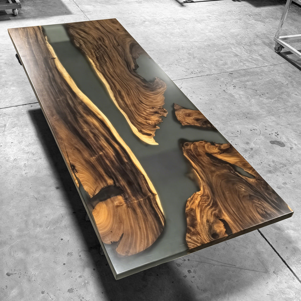 Exquisite exotic wood with grey epoxy  dining table with bench