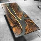 Exquisite exotic wood with grey epoxy  dining table with bench